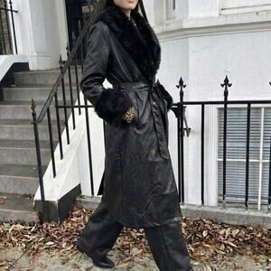 Vintage Fur Collar Faux Leather Coat Office Siren Grunge, Carolyn Bessette